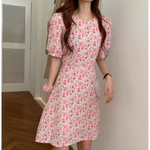 Heliar Women Floral Printed Pink Dress A-line Sweet Dress O-neck Short Sleeve One Piece Cute Casual Dress For Women Summer