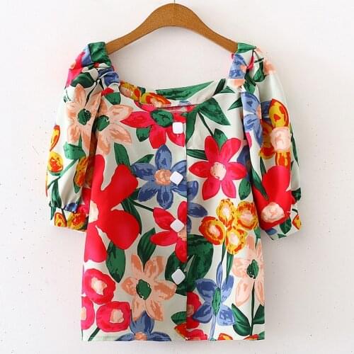 40#Lady Shirts Elegant Women Top French Retro Floral Printing Puff Sleeve Casual Short Sleeve Elegant Button Blouse рубашка