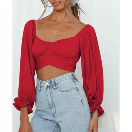 Sexy Off Shoulder Ruffles Summer Crop Top Fashion Women Holiday Beach Shirt Solid Color Elegant 2021 Female Lace UpBlouse