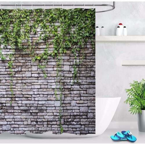 Green Ivy and Old Stone of Wall Shower Curtain Nature Bathroom Extra Long Waterproof Washable Polyester Fabric for Bathtub Decor