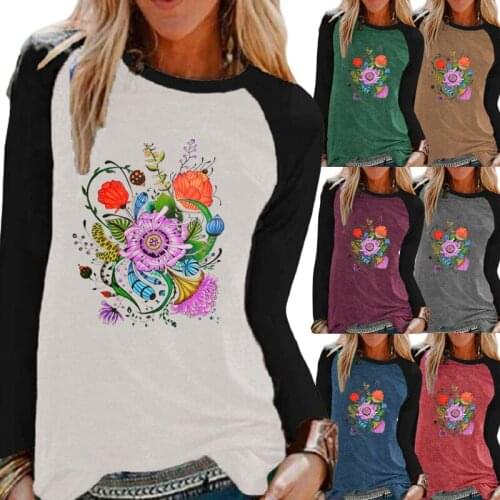Autumn Fashion Ladies Casual Long Sleeve Top Flowers Print Round Neck Loose T-shirt Pullover Sweatshirt Women Plus Size T-shirt