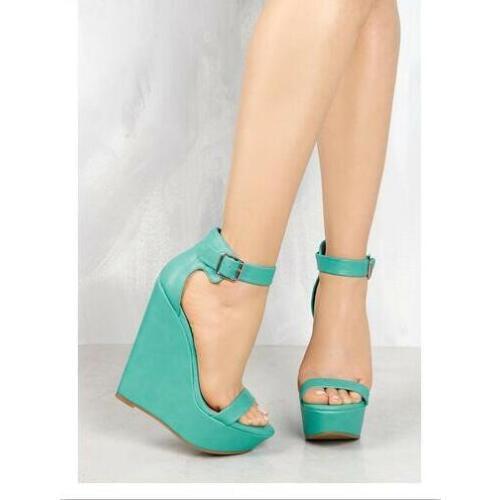 Wedges sandals high heel platform women thick high heel sandals open toe buckle strap black khaki red brown green sandals women
