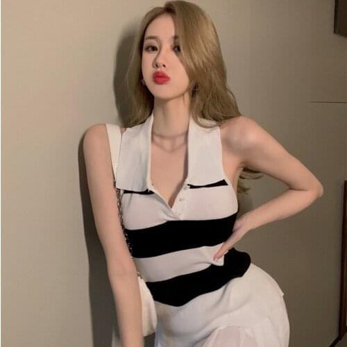 Women Striped Halter Tank Tops Lapel Slim Shirts Sexy Knitting Sleeveless Camisole