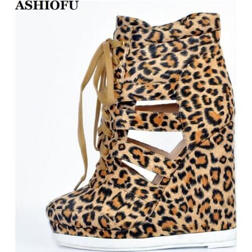 ASHIOFU New Handmade Womens Wadge Heel Pumps Sexy Club Leopard Leather Party Dress Shoes Lace-up Evening Stripper Fashion Pumps