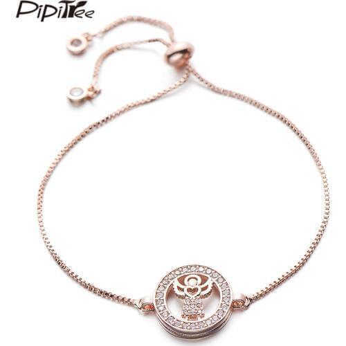 Pipitree Cubic Zirconia Angel Charm Bracelet with CZ Stones on Border Adjustable Chain Rose Gold Color Bracelets Women Jewelry