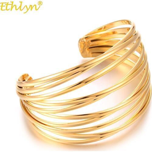 Ethlyn Gold Color Women Personality Wide Chunky Bangle ,Luxury Cooper Jewelry Wedding Bracelets Anniversary Gift B182