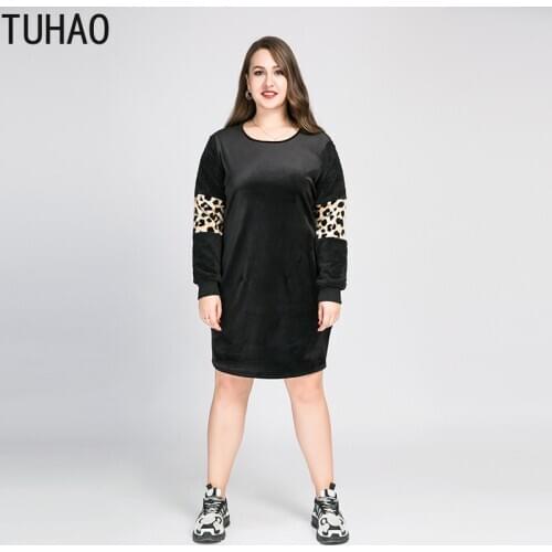 TUHAO Autumn Winter Woman Soft Velvet Dress Leopard Long Sleeves Plus Size 8XL 7XL 6XL Velvet Loose Large Size Dresses WM17