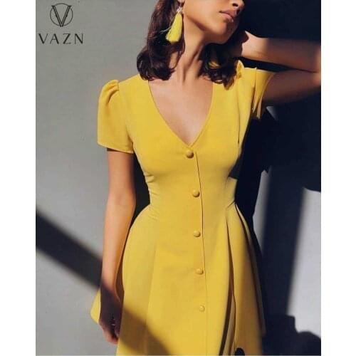 VAZN 2021 New Fresh Clear Long Dress Solid Office Lady Sweet Young V-Neck Short Sleeve Women Nature A-Line Midi Dress