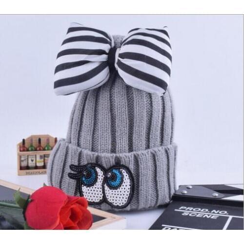 Winter Casual Beanies Striped Bows Knitted Toucas Bonnet Cartoon Eyes Hats For Children Boys Girls Ski Cap Warm Skullies Gorros