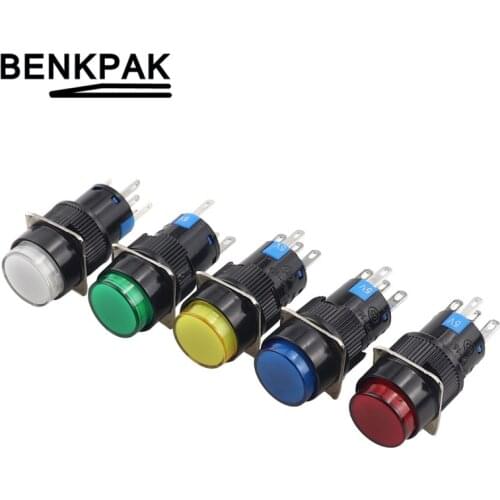 10pcs 16MM fixed LED Pushbutton Switch Momentary Blue Green Red Yellow White lamp non-Latching push button switch spring return