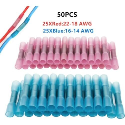 50PCS Waterproof Electrical Wire Connectors Heat Shrink Butt Connectors Automotive Insulated Waterproof Wire Crimp Terminals