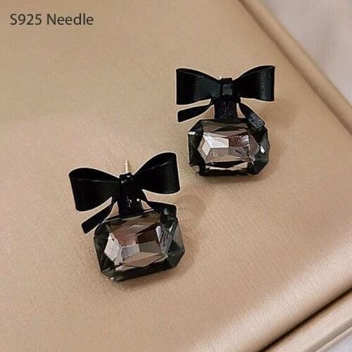 925 Sterling Silver Needle Stud Earrings for Women Jewelry Black Square Butterflyknot Crystal Elegant Female Earrings