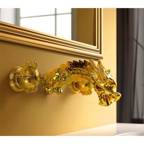 Free shipping double Handles Widespread Dragon Pattern Bathroom wall mounted Lavatory Sink Faucet gold clour