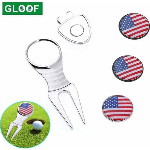 Golf USA Flag Divot Tool with 3 Golf Ball Markers and Cap Clip, Markers are Removable Magnetic