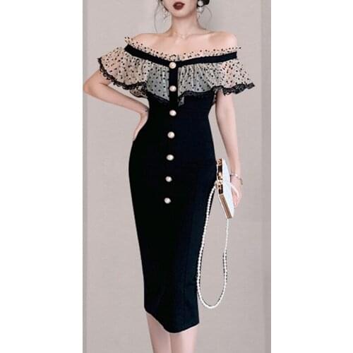 JSXDHK Sexy Women Off Shoulder Ruffles Sheath Dress 2021 Summer Black Patchwork Mesh Dot Slash Neck Bodycon Slim Pencil Dresses
