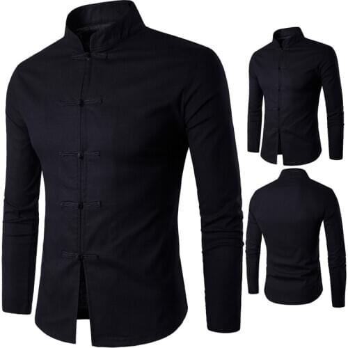 Chinese Traditional Men Tang Suits Vintage Solid Color Mandarin Collar Shirts Cotton Linen Plus Size Long Sleeve Casual Jacket