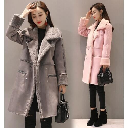 2020 Winter Womens Suede Jacket Mid-Length Jacket Thick Loose Lamb Wool Coat Faux Fur Velvet Double Breasted Ladies Top