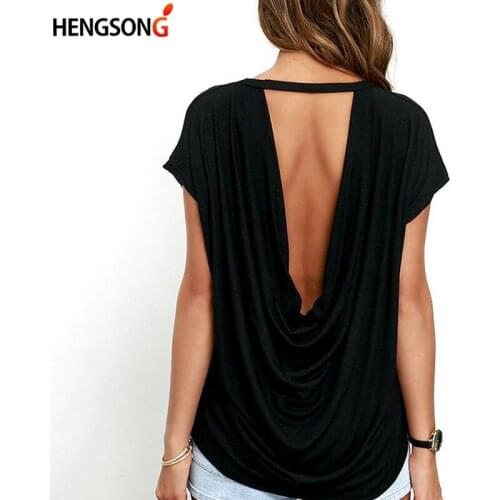 Fashion Open Back T Shirt Women Casual Backless Short Sleeve TShirt Summer Hot Clothing Loose O-neck Tops Tees Black white