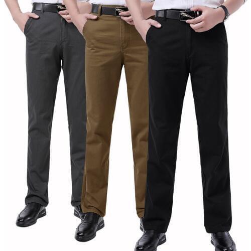 Mens casual pants fitness straight cotton blends long trousers plus size 2019 spring fall navy grey black dad business slacks