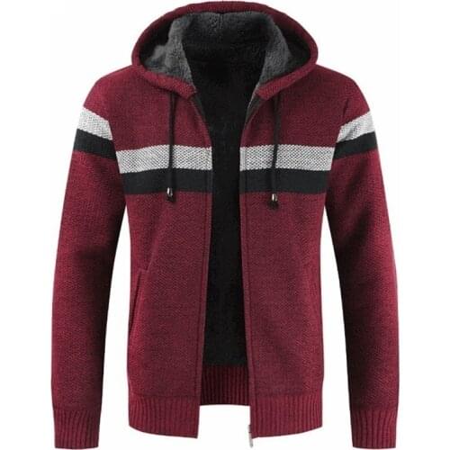 Sweater Men Winter Zipper Cardigan Hooded Patchwork Color Slim Coat Velvet Thickening Male Clothing Casual On Sale