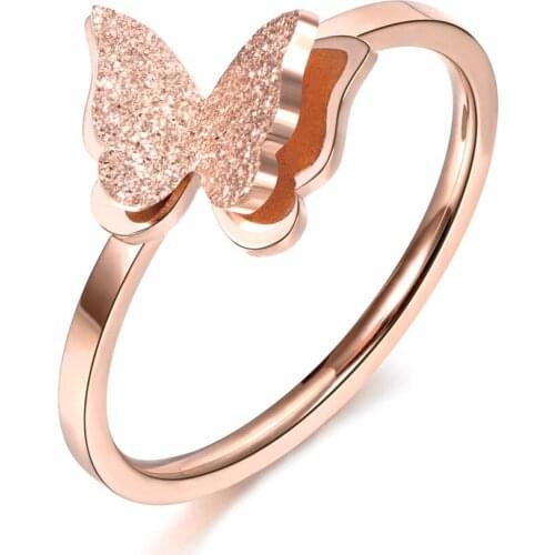 Scrub 3D Butterfly Wedding Rings Rose Gold Color Top Brand Jewelry Stainless Steel Engagement Ring No Fade R18043
