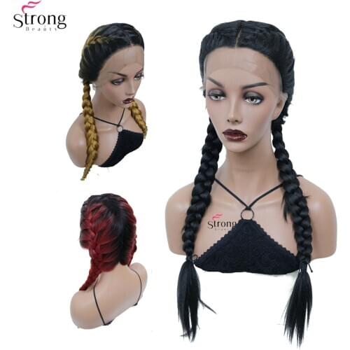 StrongBeauty Long Double Braids Wig Black/Red Roots Ombre Blonde Synthetic Braided Lace Front Wig