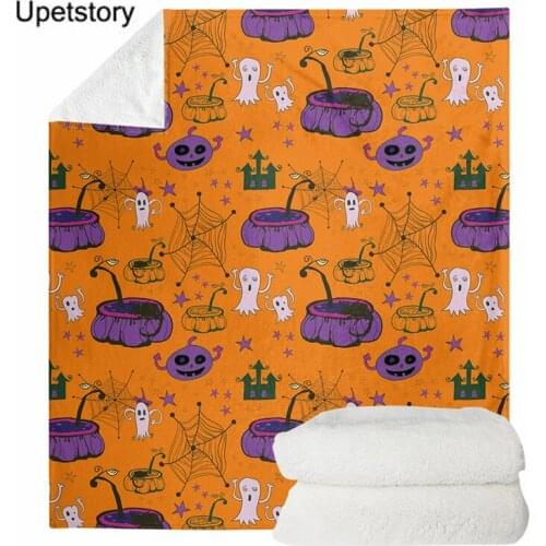 Upetstory Halloween Blanket Printed Ghost Spider Design Adults Sofa Warm Plush Blankets Room Sherpa Fleece Blankets Bedspread