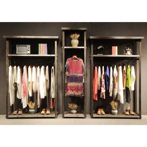 Clothes rack display rack in solid wood clothing store, floor-type retro boys and girls'clothes rack