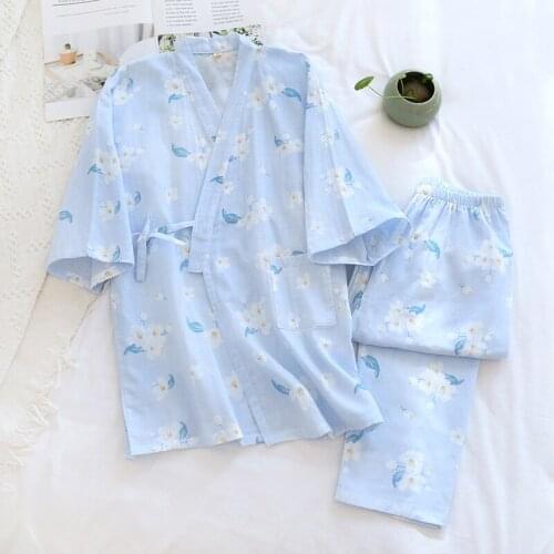 Spring/Summer 2021 New Cherry Blossom Flower Gauze Kimono Pajama Set Three-quarter Sleeves Lace-up Trousers Ladies Sexy Pyjama