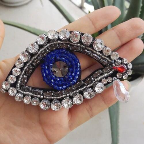 Beaded Blue Eye Cystal Patch for Clothing Sewing on Patch Rhinestone Beading Applique Clothes Bags Badge DIY Apparel Accessories