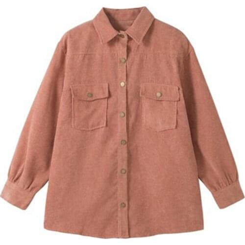 PERHAPS U Women Pink Green Solid Turn Down Collar Long Sleeve Pocket Button Corduroy Jacket Thin High Street Autumn C0435