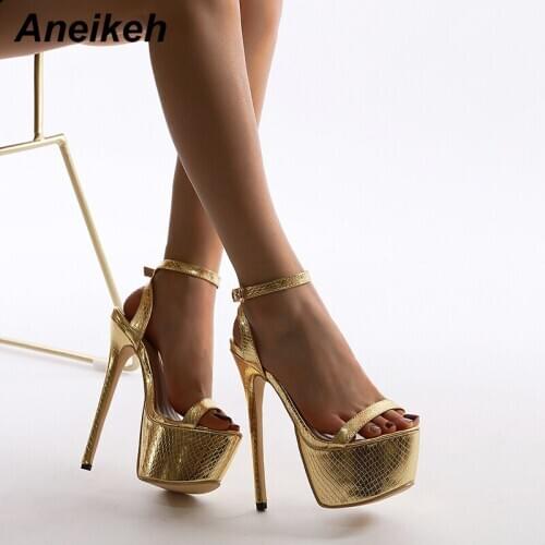 Aneikeh 2020 Summer Women Shoes Sandals Ankle-Wrap Sequins Patent Leather Fashion Platform Thin Heels Nightclub Shoes Party Gold