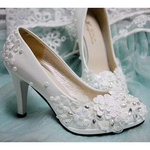 High heel plus sizes fashion white lace wedding shoes women female lady custom handmade low high heels round toes brides shoes