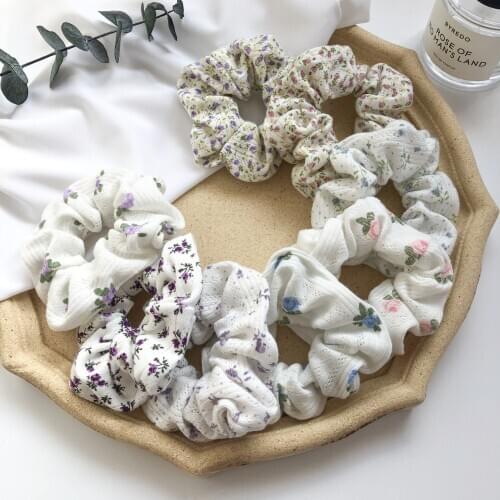 Women Girls Vintage White Floral Print Cotton Knitting Hair Scrunchies Sweet Soft Hair Tie Ponytail Holder Hair Accessories