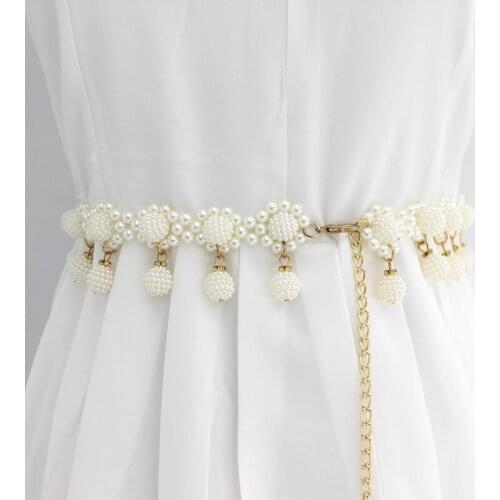 Elegant Pearl Belts Women Thin Waistband Imitation Silver Gold Beaded Hook Decorative Metal dress Accessories Belt Pearl Chain