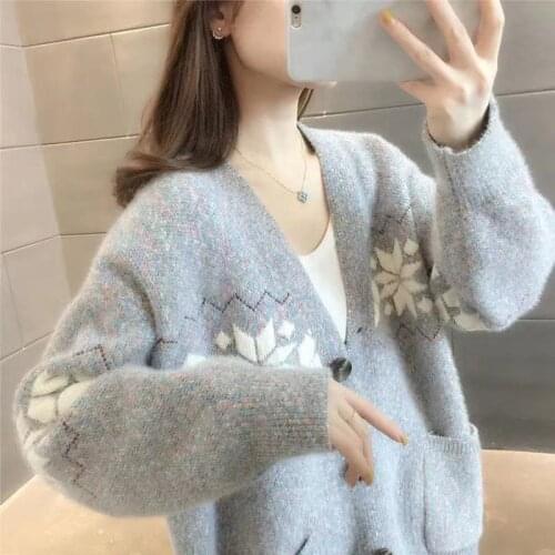 Women 2021 Spring Autumn New Knitted Cardigan Coat Female Loose Jumpers Jackets Ladies V-neck Printed Sweater Overcoats Y457