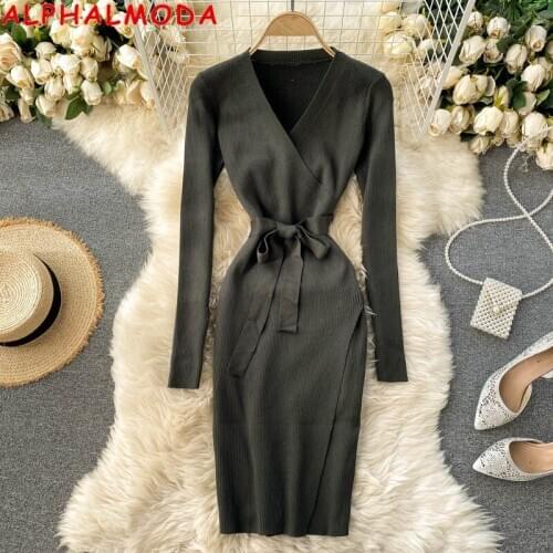 ALPHALMODA Winter New Sashes Dress Side Slit Sexy Womens Bottom Dress V-neck Slim Fit High Split Vintage Knitting Dress