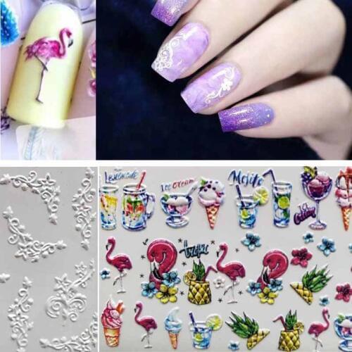 1pc Acrylic Engraved Flower Nail Sticker Embossed Flowers Flamingo 3D DIY Nail Water Decals Empaistic Nail Water Slide Decals