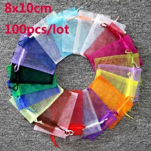 100pcs 20Colors Jewelry Bag 8x10cm Small Wedding Gift Organza bag Jewelry Packaging Display & Jewelry Pouches for Earring