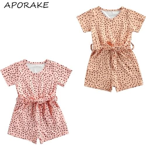 2021 0-3Y Summer Infant Baby Girls Romper Sweet Hearts Full Print V Neck Shorts Sleeve One Piece Playsuit With Belt
