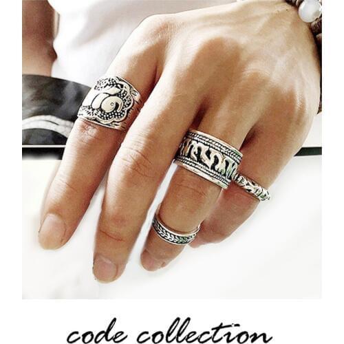 4pcs/set Fashion Exaggeration Ring Bohemia Elephant Carved Plated Ancient Metal Ring Retro Joint Ring Tail Ring Jewelry