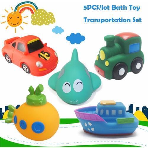 5PCS Set Transportation Baby Bath Toy Water Spray Soft Rubber Baby Toys Kids Car Boat Swimming Pool Toys for Children Boys Girls