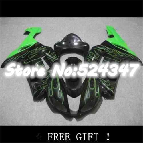 B Hot Sales,For Kawasaki Ninja ZX6R 2007 2008 ZX 6R 07 08 ZX-6R Green flames in black bodywork fairing kit