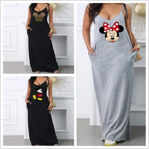 Disney Mickey Minnie Mouse Goofy Print Sexy Sling V Neck Dress Summer Women Long Dresses Casual SunDress Female Robe Tops Dress