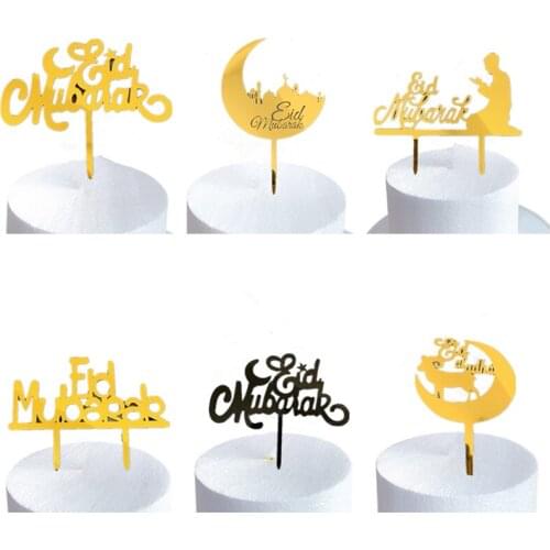 Eid Mubarak Cake Topper Gold Acrylic Cupcake Topper for Mubarak Cake Decorations Muslim Eid Baking Accessories Cake Supplies