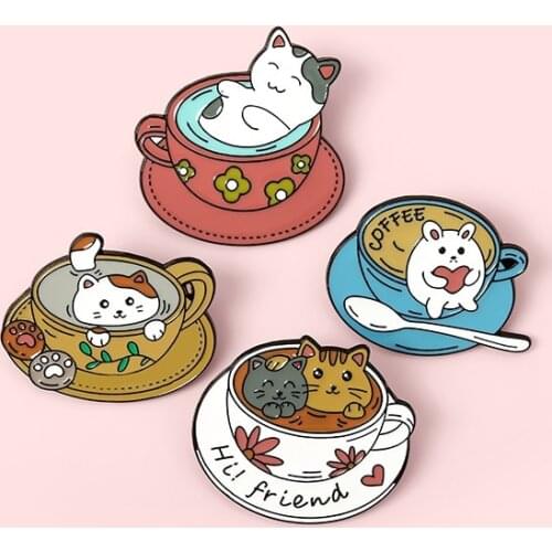 Retro Classic Afternoon Tea Cup Metal Enamel Brooch Cute Leisurely Cat Coffee Badge Fashion Lapel Backpack Jewelry Accessories