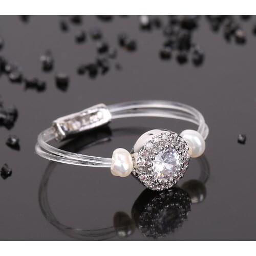 2020 New Trendy Womens Fashion Transparent line Brass Ring Round Zircon Natural Pearl Elastic Ring Accessory For Daily life