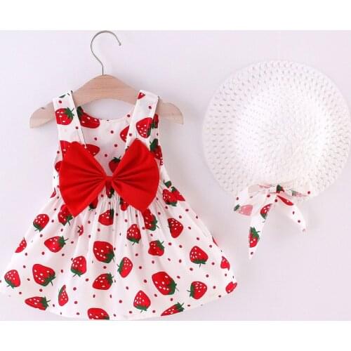 Toddler Baby Kids Girls Dress Summer Sleeveless Polka Dot Strawberry Print Bow Princess Dress Hat Outfits Vestidos De Verano