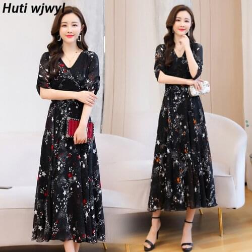 2021 Summer Vintage 4XL Plus Size Beach boho Sundress Women Bodycon Elegant Party Vestidos Black Star Print Chiffon Maxi Dresses