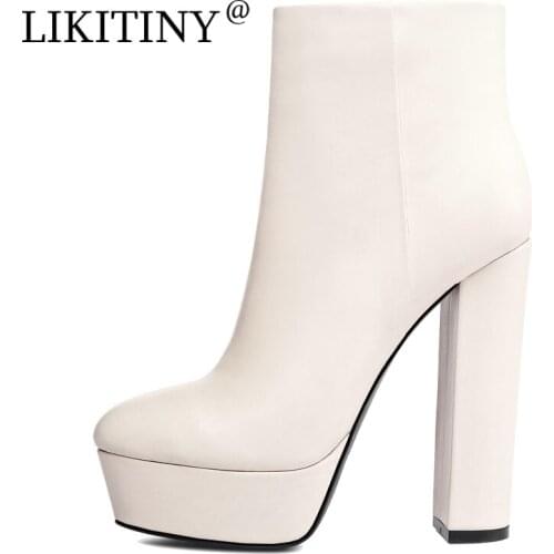 LIKITINY 2021 Fashion Autumn Round toe Womens shoes Contracted Chunky Heels Black Side zipper Genuine leather Ankle boots